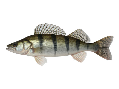 Whole fresh perch fish swimming underwater in clear water isolated on transparent background