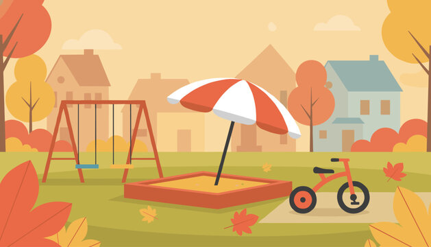 Children playground in autumn with a sandbox under a red and white umbrella, a tricycle, a swing set, and golden trees in a suburban town.