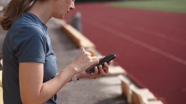 Woman in sportswear using smartphone while sitting in empty stadium seats