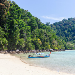 Obraz premium Blue longtail boat anchored near a sandy beach with lush green hills on Koh Surin, Thailand.