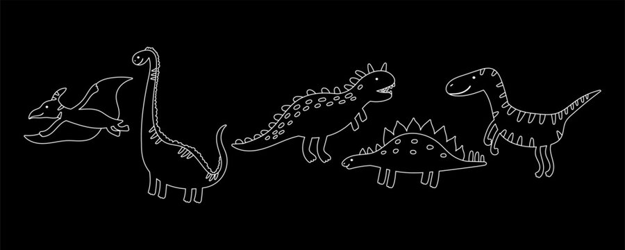 White Outline Cute Dinosaur Kit Element on Black Bg. Line Dino Animal Set. Doodle Dinosaur Collection for Color Page Book. Vector Handdrawn Illustration