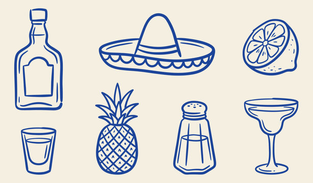 Hand drawn blue line art vector set of Mexican tequila elements with sombrero and cocktail glass