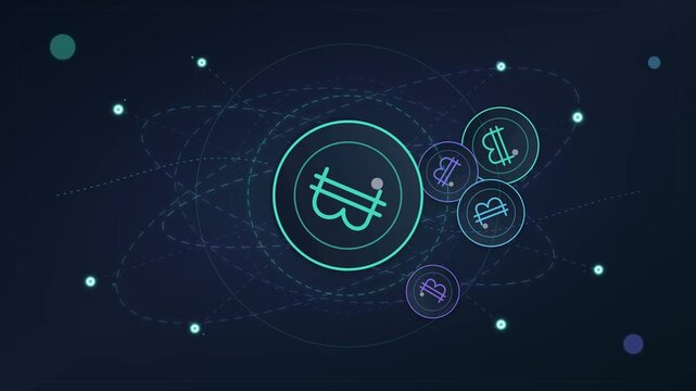 Digital cryptocurrency coins orbiting in a futuristic space network