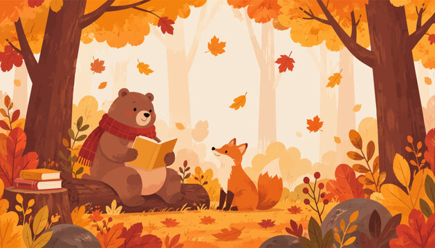 Cute Hand Drawn Bear and Fox Reading a Book in an Autumn Forest.eps