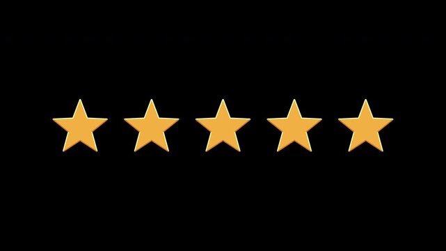 Gold 5 star rating symbol animation for premium service feedback, review, quality and success concepts. Alpha channel in 4K