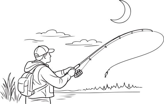 A man casting fishing line under crescent moon at dusk fishing rod icon outline line art vector