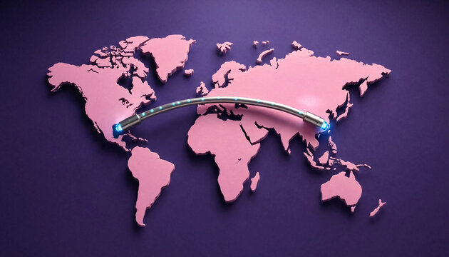 Global connectivity concept with glowing fiber optic cable spanning world map on purple background