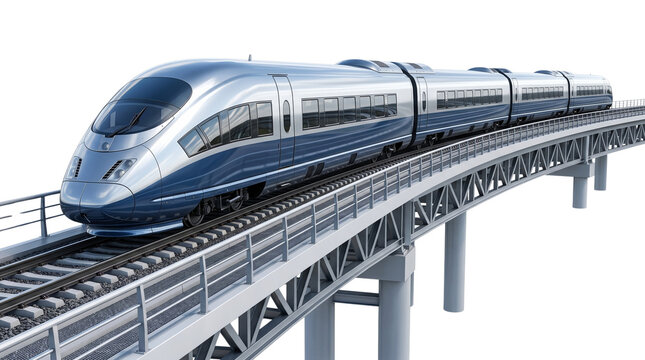Modern high-speed train on elevated railway bridge, sleek silver and blue aerodynamic locomotive, futuristic electric passenger express transport isolated PNG with Transparent Background