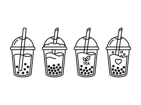 Four stylish boba tea drinks with different toppings in minimalist illustration style.