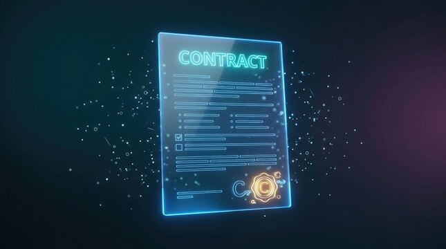 Digital blue neon contract floating in dark space with glowing particles and shiny golden wax seal