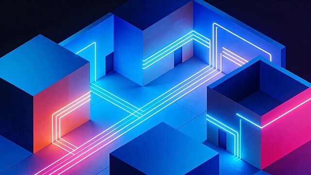 Abstract futuristic maze with colorful cubes and glowing white neon lines