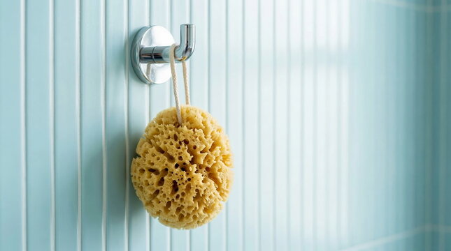 Sea sponge hanging on wall hook against blue tiled bathroom wall, for natural skincare and personal hygiene.