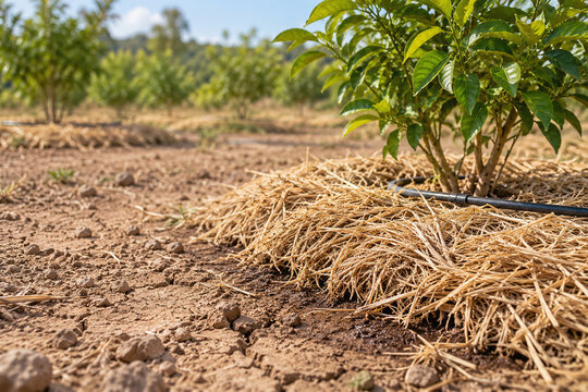 Straw mulch protecting soil moisture around a young orchard tree