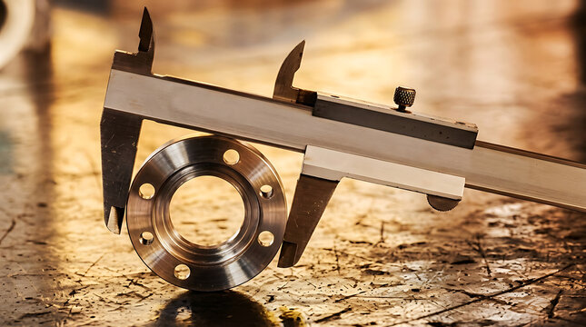 Metal caliper measuring industrial part in workshop
