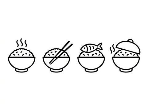 Four stylized bowls of Asian cuisine with different toppings and utensils.
