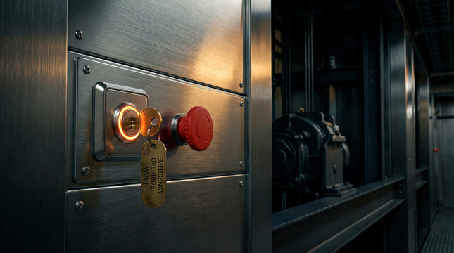 Safety control panel with red emergency stop button and glowing key in industrial setting, critical system maintenance.