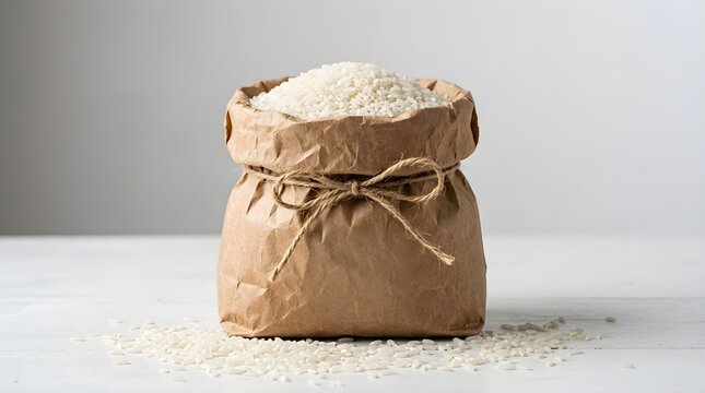 A rustic brown paper bag filled with white rice, tied with twine, isolated on white background