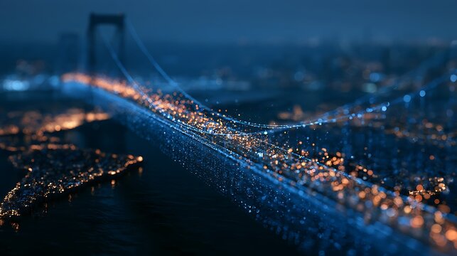 Connection Concept premium conceptual image of glowing digital bridge made of data streams connecting two landmasses on dark world map, bridge constructed from flowing blue light data particles, 