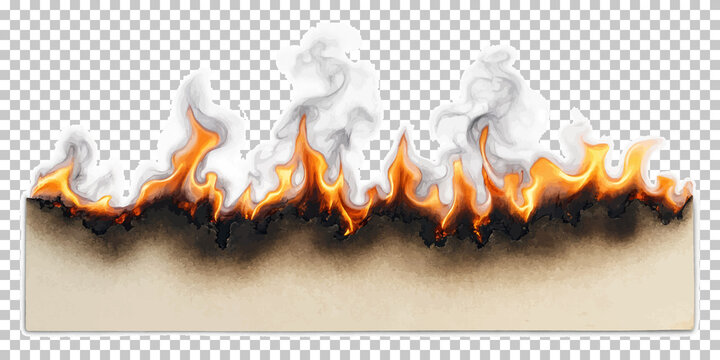 Wide horizontal line of bright orange flames and smoke above burnt material with abstract background cut out fire effect burning effect background element graphic element material abstract