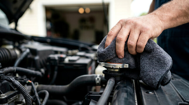 Vehicle inspection, person examining radiator cap with cloth in open engine bay, automotive care concept.