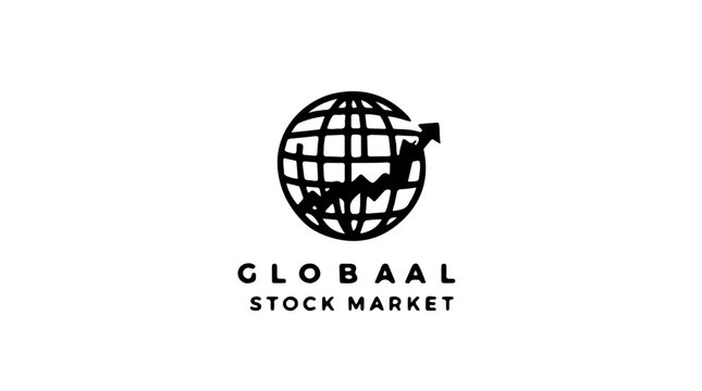 Black and white logo for Globaal Stock Market featuring a globe and an upward-trending financial graph, symbolizing global economic growth.