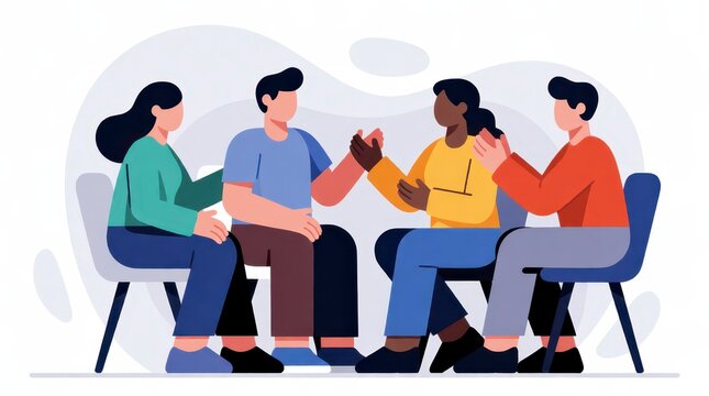 Diverse group of people sitting in a circle having a supportive conversation in a flat vector style