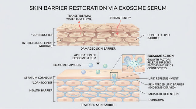 Skin Barrier Restoration Process Illustration, featuring exosome serum, transdermal water loss, irritant entry, lipid barrier, corneocytes, health, moisture retention