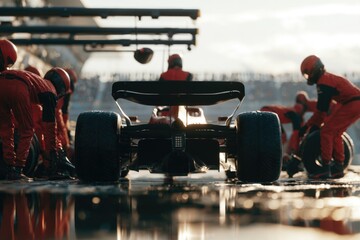 Obraz premium A Formula 1 car is serviced by a pit crew during a race, with mechanics in red suits preparing for a quick tire change and maintenance.