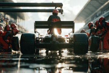 Fototapeta premium A Formula 1 car is serviced by a pit crew during a race, with mechanics in red suits preparing for a quick tire change and maintenance.