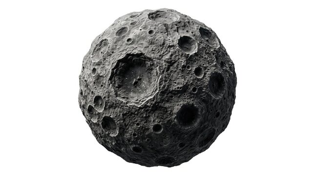 Detailed textured moon or asteroid sphere with deep craters isolated on a plain white background