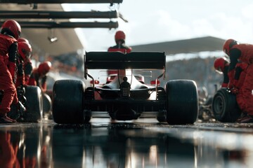 Obraz premium A Formula 1 race car is serviced by a pit crew in red uniforms during a pit stop on a wet track.