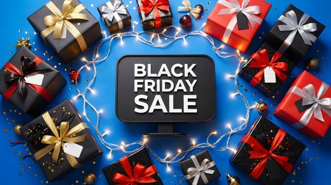 Black friday sale sign surrounded by wrapped gifts and string lights on blue background