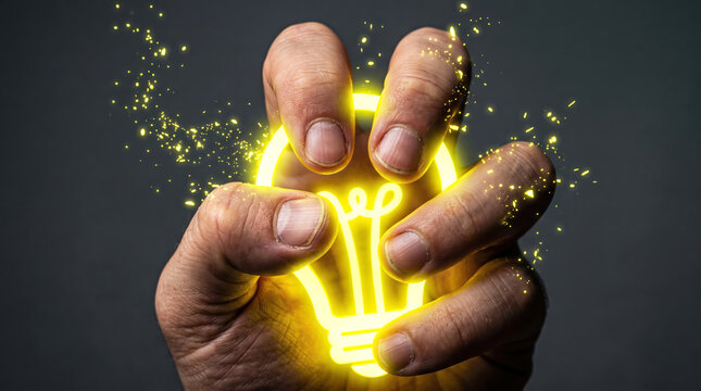 Fist Holding Glowing Yellow Light Bulb with Spark Energy Effects