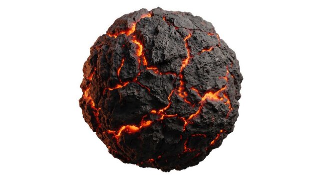 Glowing molten lava sphere with cracked volcanic rock surface isolated on a white background