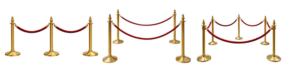 Red velvet rope barriers set isolated PNG, luxury gold stanchions lines on transparent background, vip event queue control equipment © Bright Stock