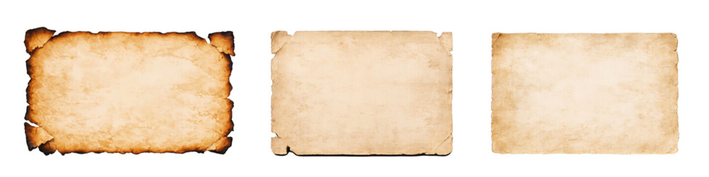 Old vintage parchment papers set isolated PNG, burned and aged antique blank sheets on transparent background, medieval manuscript banner mockup