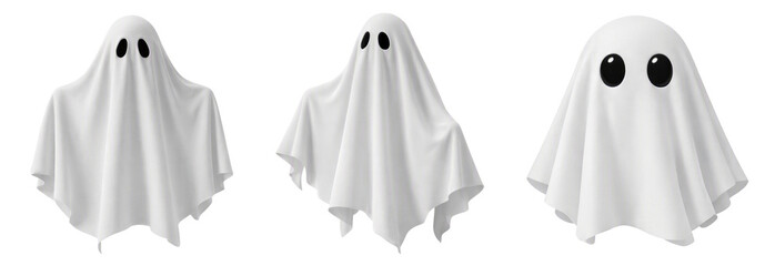 White sheet ghosts set isolated PNG, three spooky cloth phantom figures on transparent background, halloween holiday characters © Bright Stock