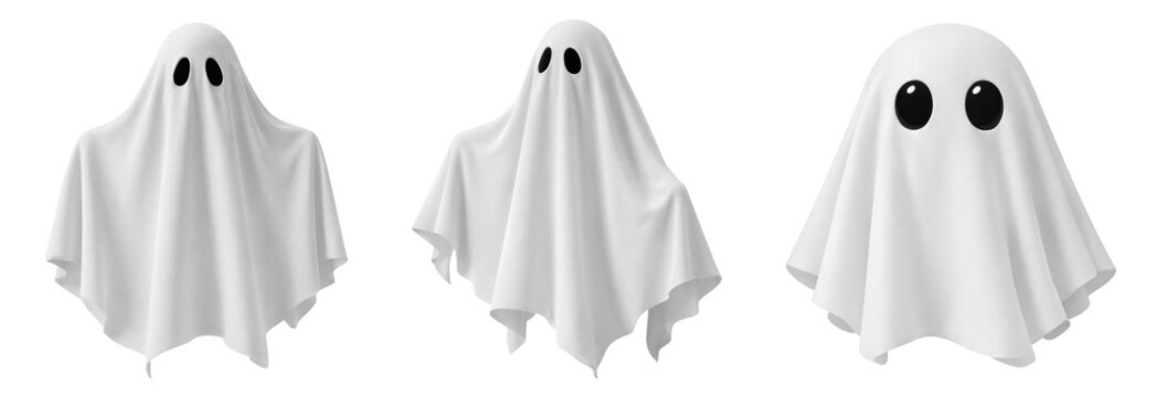 White sheet ghosts set isolated PNG, three spooky cloth phantom figures on transparent background, halloween holiday characters
