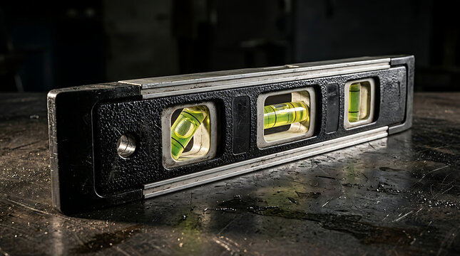 Hand holding spirit level tool on workbench