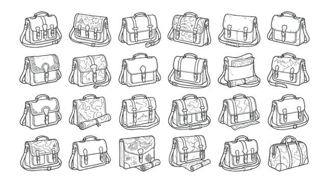 Vintage leather satchel bag vector set, hand drawn messenger bag collection, 24 sketch style briefcase icons for fashion and travel
