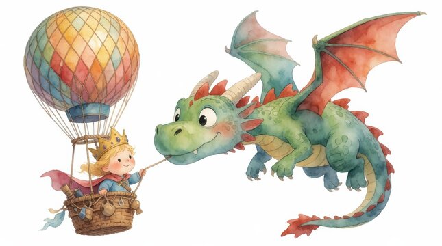 Young prince in a crown flying a hot air balloon while interacting with a friendly green dragon