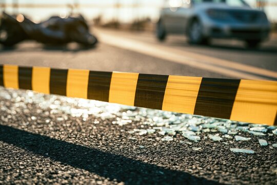 Broken glass and a fallen motorcycle lie behind yellow and black caution tape on a sunlit road, indicating an accident scene with a blurred car approaching in the background.
