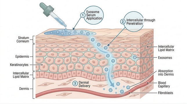 Exosome Serum Application and Delivery in Skin Layers, featuring stratum corneum, keratinocytes, dermis, fibroblasts, blood capillary, intercellular delivery