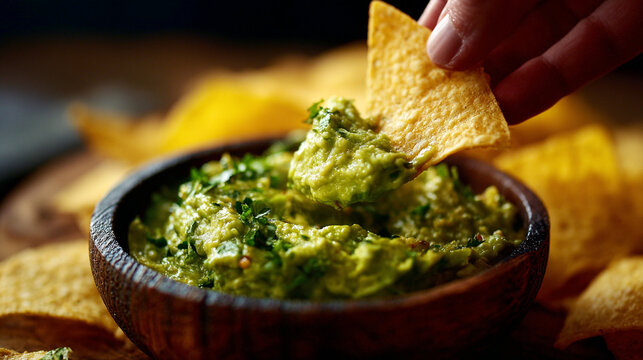 Hand dipping a crunchy tortilla chip into a bowl of fresh homemade guacamole with cilantro.