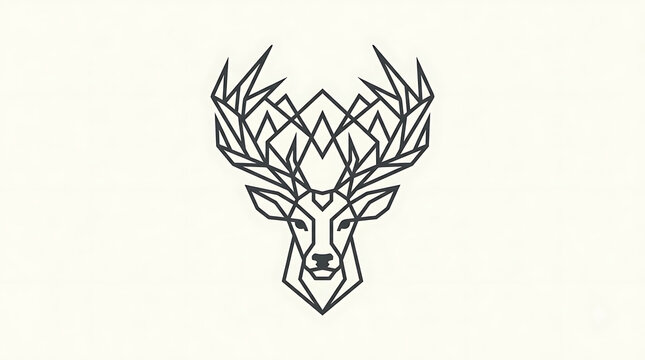 Geometric deer head silhouette with complex antlers using polygon line art for forest conservation logos and modern outdoorsy apparel branding for wilderness lovers.