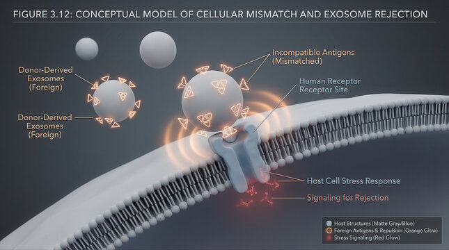 Conceptual Model of Cellular Mismatch and Exosome Rejection, featuring exosome serum, donor-derived exosomes, incompatible antigens, human receptor, host cell stress response