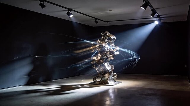 Abstract metal sculpture standing in a modern art gallery with spotlight illumination