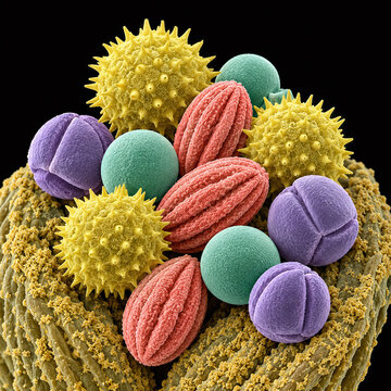 Colorful microscopic pollen grains on a flower anther, scientific micrograph style illustration