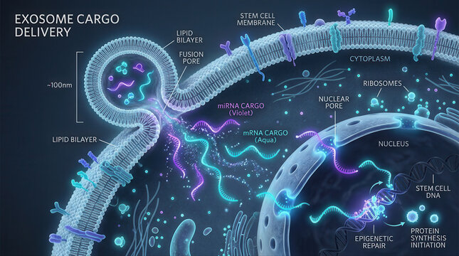Exosome Cargo Delivery Process, featuring exosome serum, lipid bilayer, fusion pore, stem cell, cellular membrane, cytoplasm, ribosomes, nucleus, genetic material