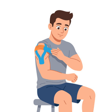 Man applying kinesiology tape to shoulder muscle in athletic setting